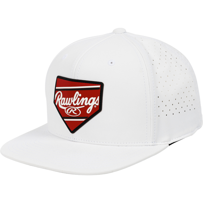 The Rawlings Home Plate Performance Flat Bill Snapback Hat (RWPBH) features side ventilation holes and a red and black home plate-shaped logo patch on the front—a perfect choice for baseball fans.