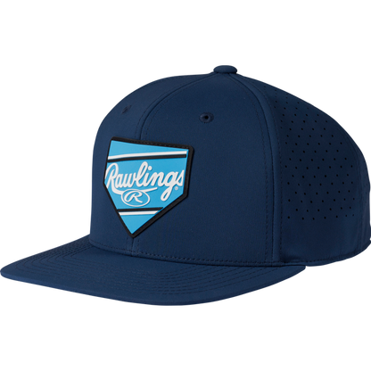 The Rawlings Home Plate Performance Flat Bill Snapback Hat (RWPBH) features a navy design with perforated back and sides, a flat brim, and a blue home plate patch displaying the white Rawlings logo—stylish and breathable for any fan.