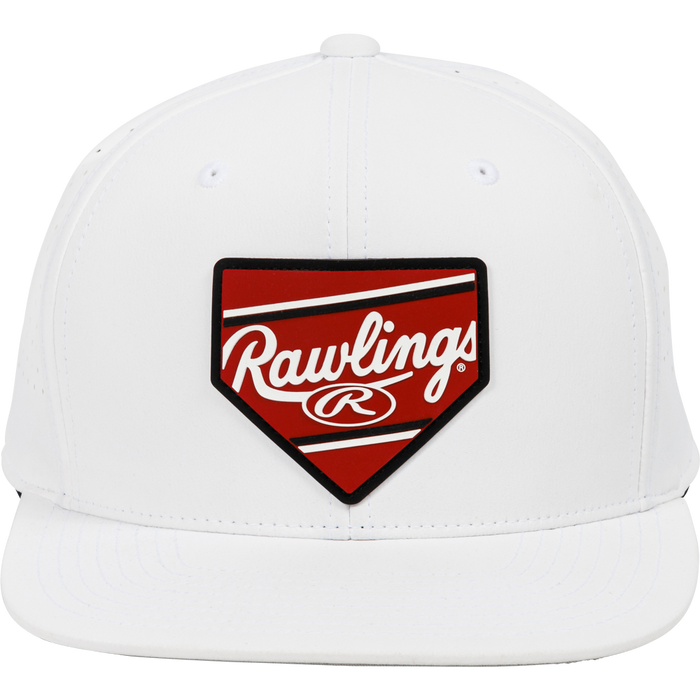 The Rawlings Home Plate Performance Flat Bill Snapback Hat (RWPBH) is a white hat with a red home plate-shaped patch displaying the Rawlings name and stylized R logo on the front.