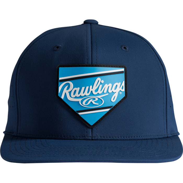 The Rawlings Home Plate Performance Flat Bill Snapback Hat (RWPBH) is a navy blue snapback featuring a blue and white Rawlings logo patch in the shape of a home plate on the front.