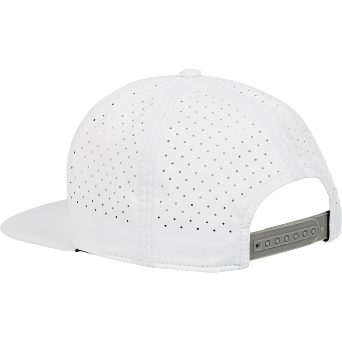 The Rawlings Home Plate Performance Flat Bill Snapback Hat (RWPBH) is a white hat with an adjustable gray closure and ventilation holes for comfort, perfect for performance.