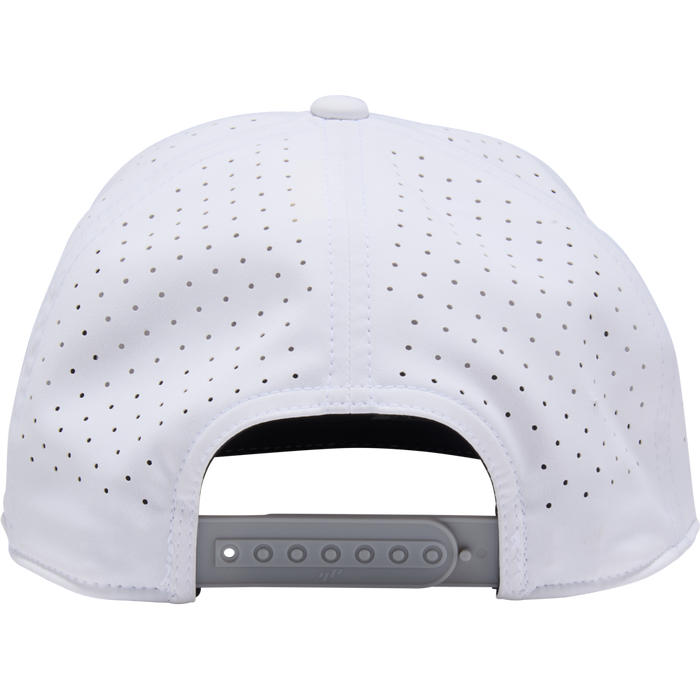 Back view of the Rawlings Home Plate Performance Flat Bill Snapback Hat (RWPBH) in white, featuring perforated panels and a gray adjustable snapback closure, designed by Rawlings in a classic baseball cap style.