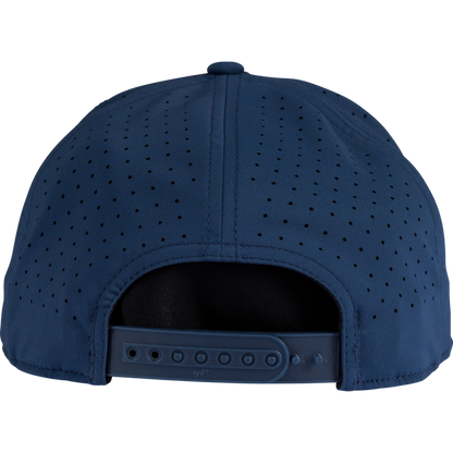 The Rawlings Home Plate Performance Flat Bill Snapback Hat (RWPBH) in navy features small ventilation holes and an adjustable snapback closure for a comfortable, customizable fit.