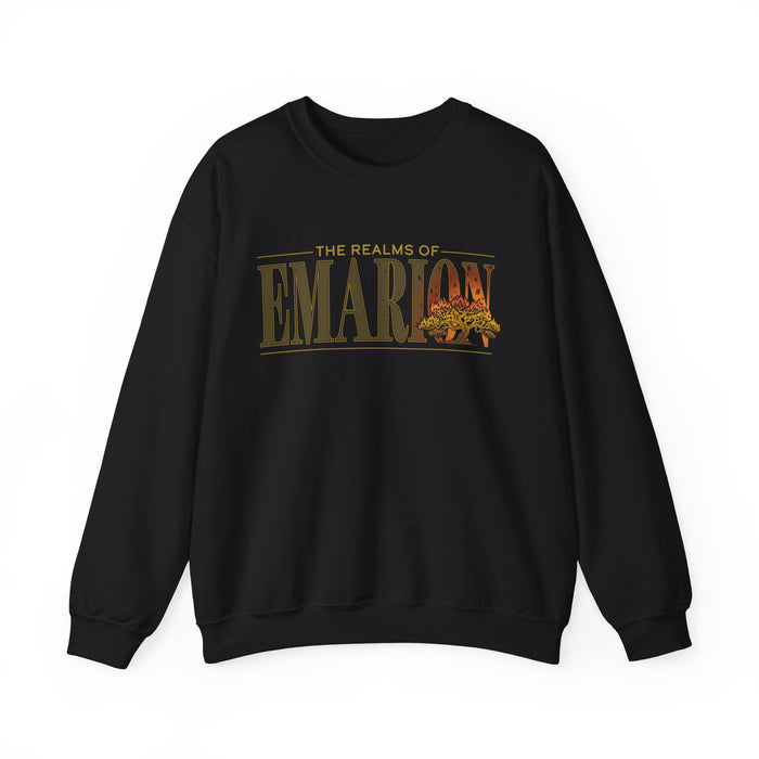 Kindred's Curse Saga crewneck from thtgrlreads featuring a vintage wash black Comfort Colors oversized sweatshirt with golden "Emarion" graphic and autumn tree print, part of official licensed bookish apparel collections.