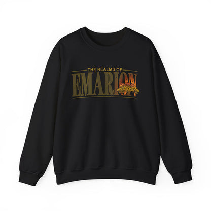 Kindred's Curse Saga crewneck from thtgrlreads featuring a vintage wash black Comfort Colors oversized sweatshirt with golden "Emarion" graphic and autumn tree print, part of official licensed bookish apparel collections.