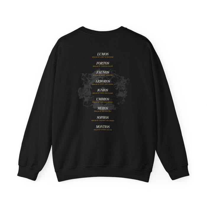 Officially licensed Kindred's Curse Saga crewneck from thtgrlreads featuring a black vintage-wash Comfort Colors sweatshirt with gold and gray fantasy-inspired text design on the back.