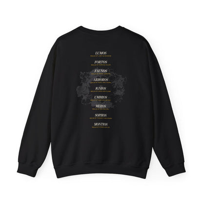 Officially licensed Kindred's Curse Saga crewneck from thtgrlreads featuring a black vintage-wash Comfort Colors sweatshirt with gold and gray fantasy-inspired text design on the back.
