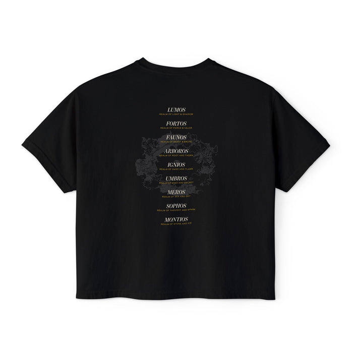 Kindred's Curse Saga inspired black Comfort Colors crop top by thtgrlreads featuring a vertical spell list design in elegant serif and gold accented gothic script, part of official licensed bookish apparel collections.