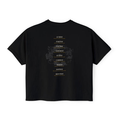 Kindred's Curse Saga inspired black Comfort Colors crop top by thtgrlreads featuring a vertical spell list design in elegant serif and gold accented gothic script, part of official licensed bookish apparel collections.