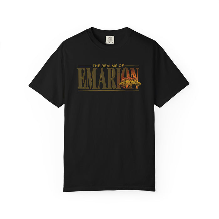 The realms of Emarion comfort colors graphic tee from thtgrlreads featuring a vintage wash black unisex cotton tee with bold gold and rust-colored text and a detailed floral accent integrated into the design.