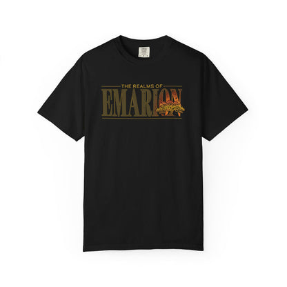The realms of Emarion comfort colors graphic tee from thtgrlreads featuring a vintage wash black unisex cotton tee with bold gold and rust-colored text and a detailed floral accent integrated into the design.
