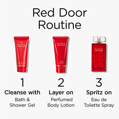 Red Door Routine. Step 1 Cleanse with Bath and Shower Gel. Step 2 Layer on perfumed Body Lotion. Step 3 Spritz on Eau de toilette spray.