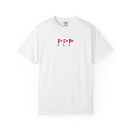 Thtgrlreads comfort colors graphic tee from the Book Bestie collection featuring a minimalist design of three small red flags with white letters on a vintage-wash white cotton fabric.