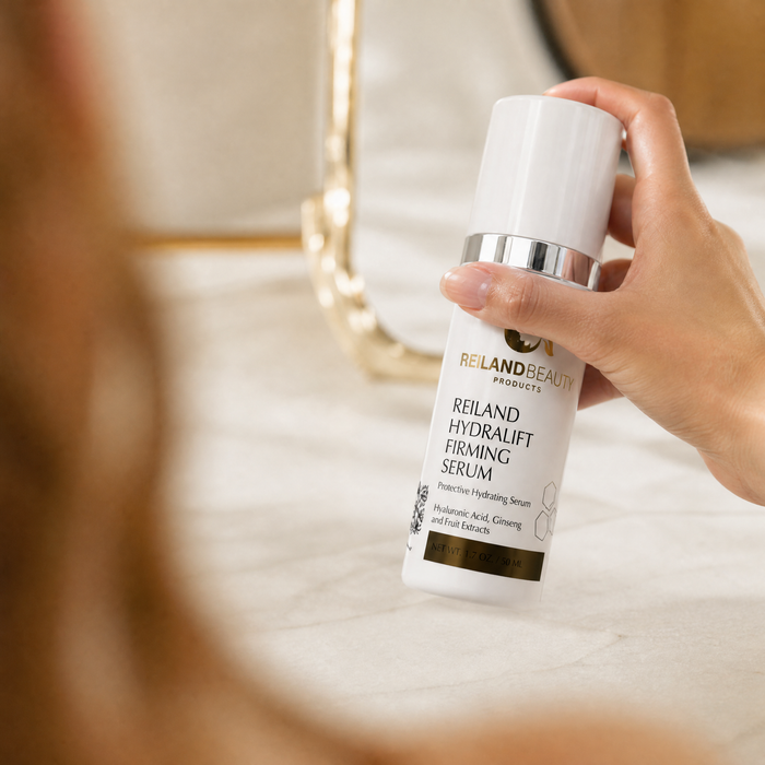 Hand holding Reiland Beauty Products HydraLift Firming Serum beside a vanity mirror, featuring hyaluronic acid, ginseng, and fruit extracts for hydrated, firmer-looking skin.