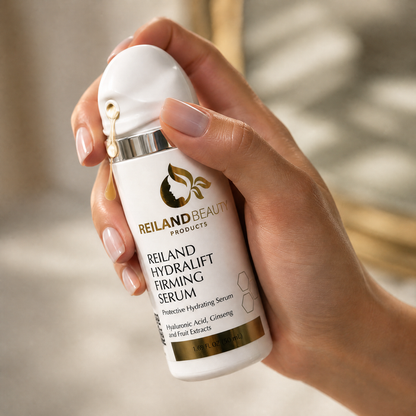 Close-up of a hand dispensing Reiland Beauty Products HydraLift Firming Serum, a protective hydrating serum with hyaluronic acid, ginseng, and fruit extracts.