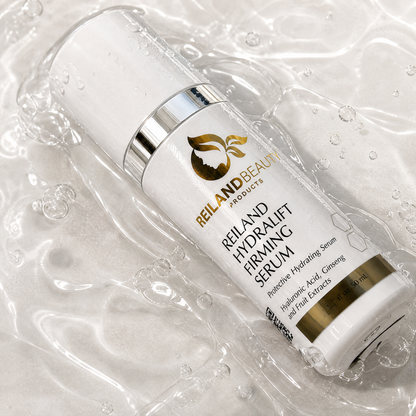 Reiland Beauty Products HydraLift Firming Serum resting in clear water with bubbles, highlighting its hydrating formula with hyaluronic acid, ginseng, and fruit extracts.