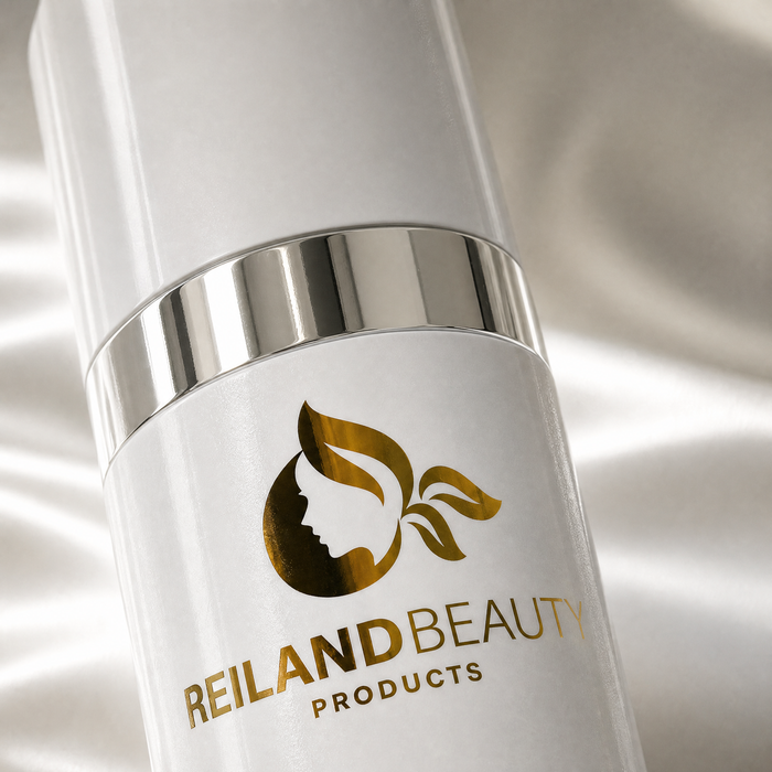 Close-up of the gold Reiland Beauty Products logo on the white HydraLift Firming Serum bottle with a polished silver accent.
