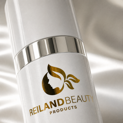 Close-up of the gold Reiland Beauty Products logo on the white HydraLift Firming Serum bottle with a polished silver accent.