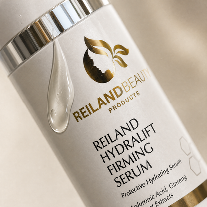 Close-up of Reiland Beauty Products HydraLift Firming Serum with a clear hydration droplet, featuring hyaluronic acid, ginseng, and fruit extracts.