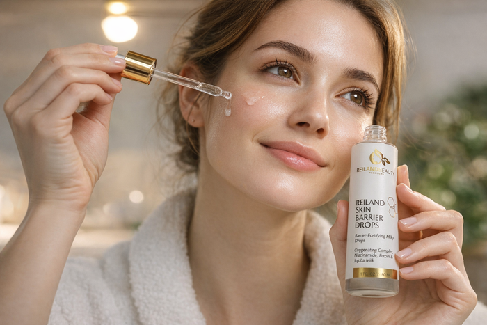 Woman applying Reiland Skin Barrier Drops serum to her face, holding a frosted glass bottle with gold dropper, showcasing hydrated, glowing skin during skincare routine.