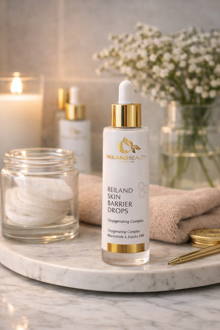 Reiland Skin Barrier Drops serum displayed on a marble vanity with cotton pads, towel, and soft lighting in a skincare setting.