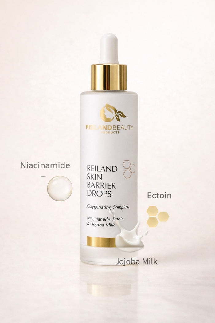 Reiland Skin Barrier Drops with key ingredients niacinamide, ectoin, and jojoba milk highlighted.