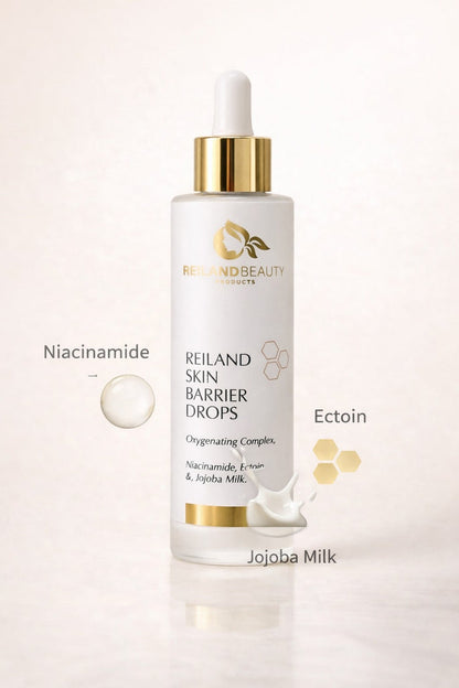 Reiland Skin Barrier Drops with key ingredients niacinamide, ectoin, and jojoba milk highlighted.