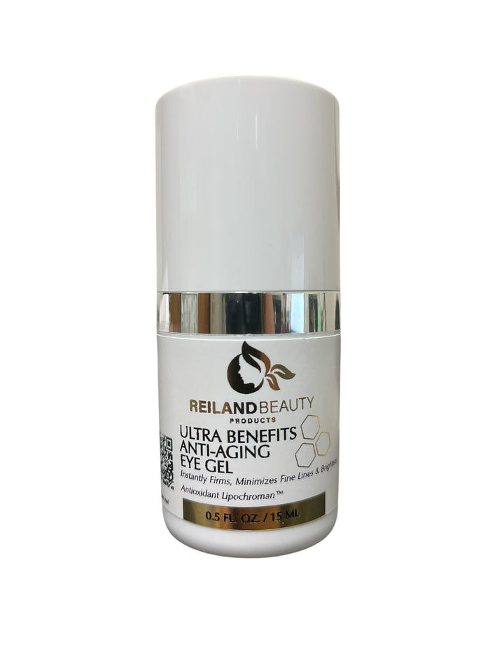 Close-up image of Reiland Ultra Benefit Anti-Aging Eye Gel in a clean studio setting, highlighting its sleek white and chrome design.