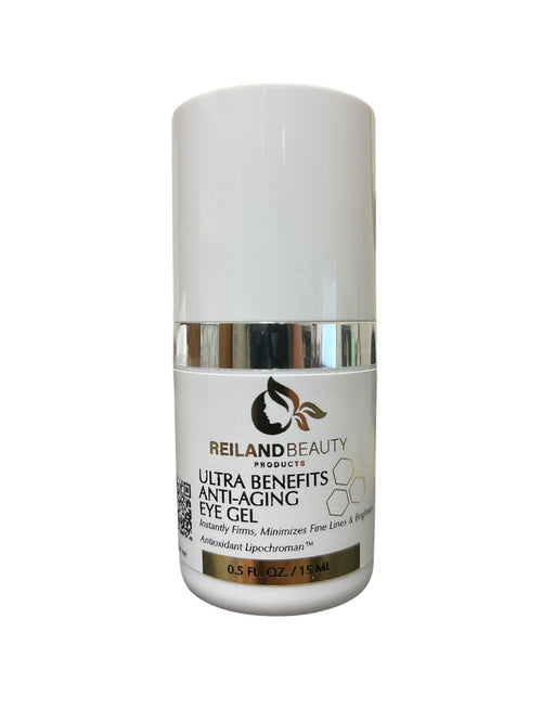 Close-up image of Reiland Ultra Benefit Anti-Aging Eye Gel in a clean studio setting, highlighting its sleek white and chrome design.