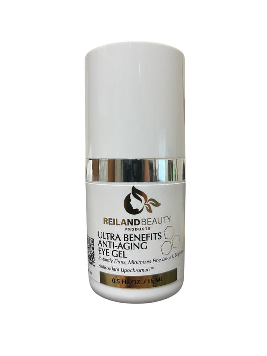 Close-up image of Reiland Ultra Benefit Anti-Aging Eye Gel in a clean studio setting, highlighting its sleek white and chrome design.