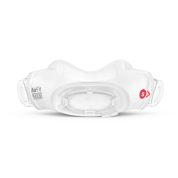 ResMed AirFit N30i nasal CPAP cushion in small size, white and clear, with 'AirFit N30i' label and a red 'S' size indicator, front-facing on a white background.