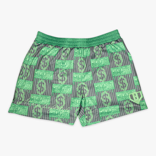 Green and gray shorts with dollar bill pattern on a white background