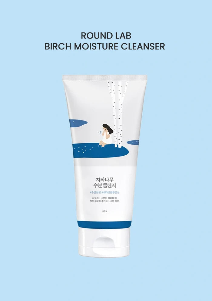 Round Lab Birch Moisture Cleanser tube on a light blue background