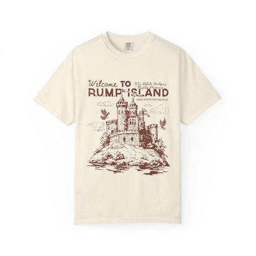 thtgrlreads vintage wash Comfort Colors graphic tee featuring a detailed castle illustration and "Welcome to Rumplisland" text in rustic font, inspired by romantasy themes.