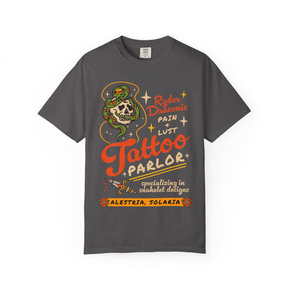 Ruthless Boys of the Zodiac tee from thtgrlreads featuring a vintage wash Comfort Colors graphic tee with a bold tattoo parlor design, skull and snake artwork, and retro lettering.