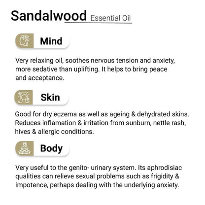 Sandalwood Essential Oil, Therapeutic Pure & Natural, Mysore Sandal, Antiseptic, Ageing Skin, Relaxing 10ml  - Keya Seth Aromatherapy