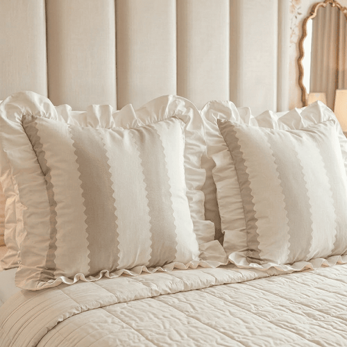 Sasha Oatmeal Striped Frilled Edge Feather Filled Cushion - 45x45cm Textiles