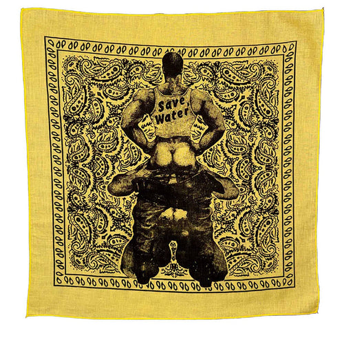 Yellow bandana with black graphic of a person holding a 'Save Water' sign on a yellow background
