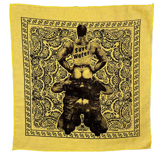 Yellow bandana with black graphic of a person holding a 'Save Water' sign on a yellow background