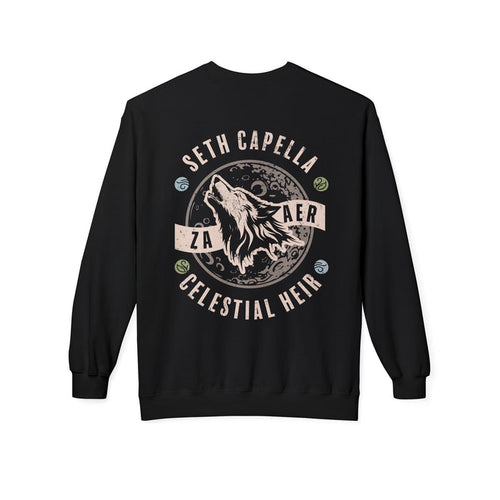 A Zodiac Academy crewneck sweatshirt from thtgrlreads featuring a vintage-wash black Comfort Colors base with a bold graphic of a howling wolf, celestial motifs, and stylized text.