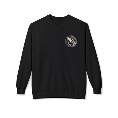 Zodiac Academy crewneck sweatshirt by thtgrlreads featuring a vintage-wash black Comfort Colors base and a subtle circular wolf graphic on the chest, cozy and unisex.