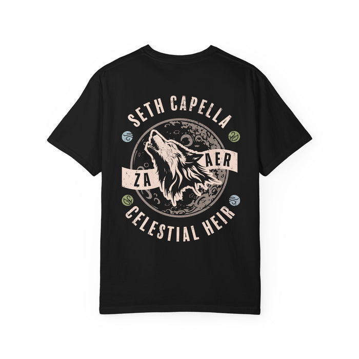 A Zodiac Academy inspired Comfort Colors graphic tee by thtgrlreads featuring a vintage-style wolf howling at the moon with celestial symbols and bold serif text on a black cotton base.