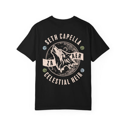 A Zodiac Academy inspired Comfort Colors graphic tee by thtgrlreads featuring a vintage-style wolf howling at the moon with celestial symbols and bold serif text on a black cotton base.