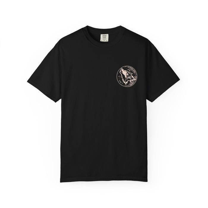 Zodiac Academy-themed comfort colors graphic tee from thtgrlreads featuring a vintage-wash black fabric with a small, detailed wolf emblem printed on the chest.