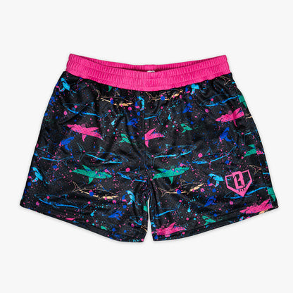 Black shorts with “Shark” design — front view