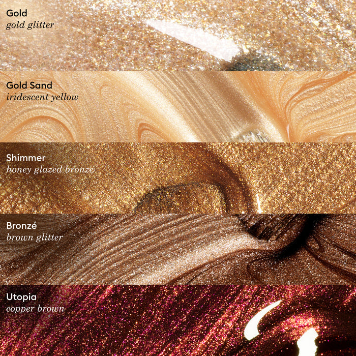 Five close-up swatches of Manucurist Shimmer metallic makeup—gold glitter, iridescent yellow, honey glazed bronze, brown glitter, and copper brown—each labeled with name and description; ideal to pair with bronze gel or cool undertone nail polish.