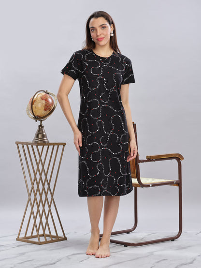 Black Cotton Short Nighty for Women with Pocket
