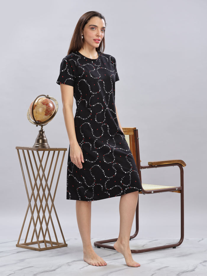 Black Cotton Short Nighty for Women with Pocket
