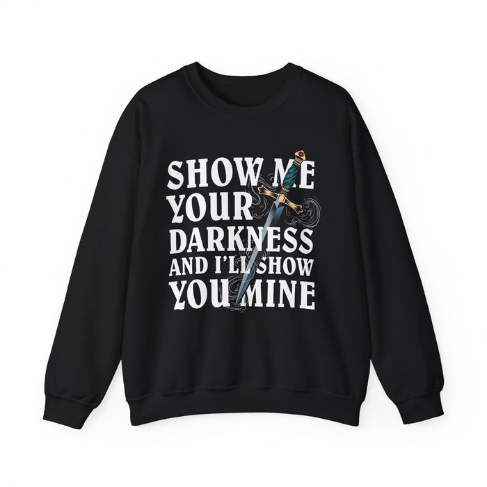 Thtgrlreads Lady of Darkness & Legacy Series oversized crewneck sweatshirt in black with vintage-wash Comfort Colors fabric, featuring bold white gothic script and a detailed sword graphic.