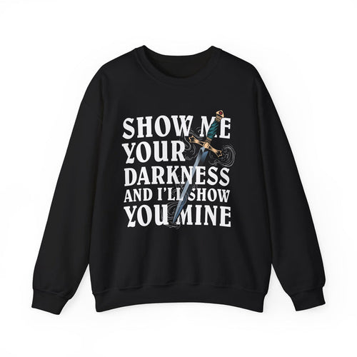 Thtgrlreads Lady of Darkness & Legacy Series oversized crewneck sweatshirt in black with vintage-wash Comfort Colors fabric, featuring bold white gothic script and a detailed sword graphic.
